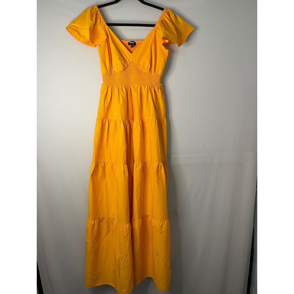 EXPRESS‎ Maxi Dress Puff Sleeve Smocked Waist Tiered Skirt Yellow Orange XS